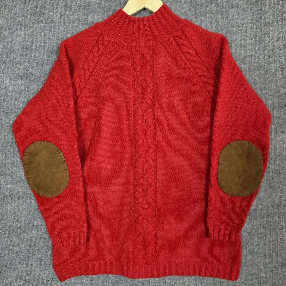 Vintage Lands' End Sweater Womens L Red Lambswool Cable Knit Suede Elbow Patches - Picture 2 of 9